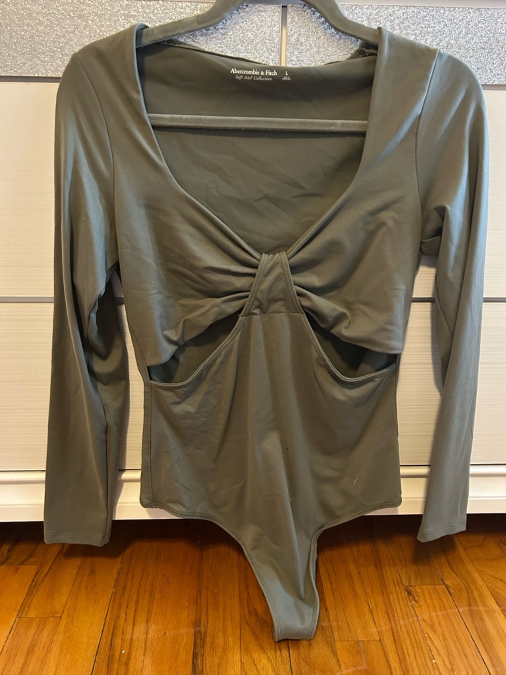 Abercrombie & Fitch Olive Twist-Front Long-Sleeve Bodysuit